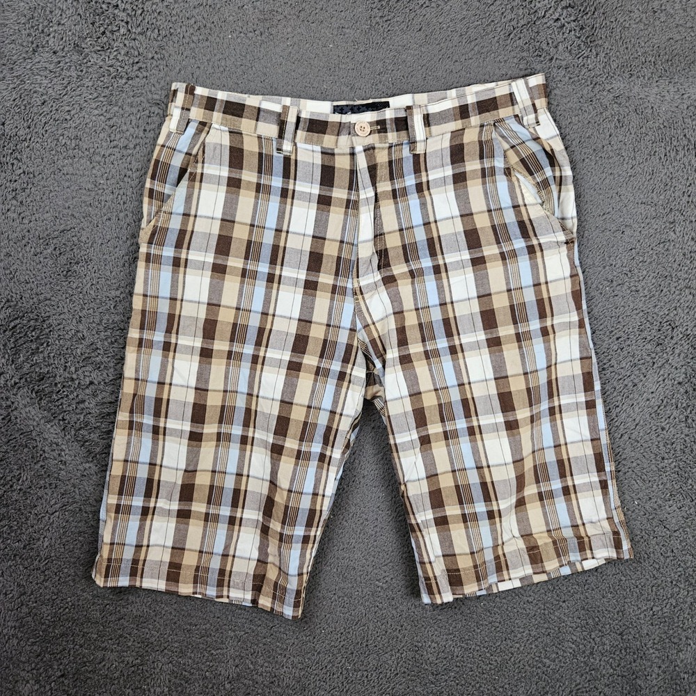Avirex Mens 34 Plaid Shorts Brown Blue Tan Cotton Y2K Streetwear